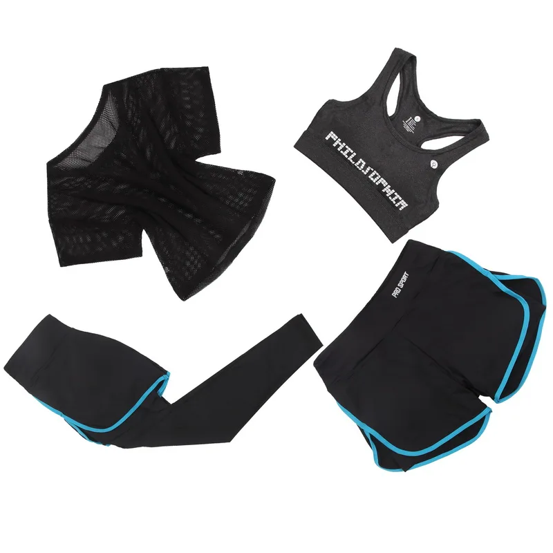 

Women t-shirt+short+Bra+Leggings Gym Clothes Trainning 4 piece suit Workout Yoga Gym Suit Set