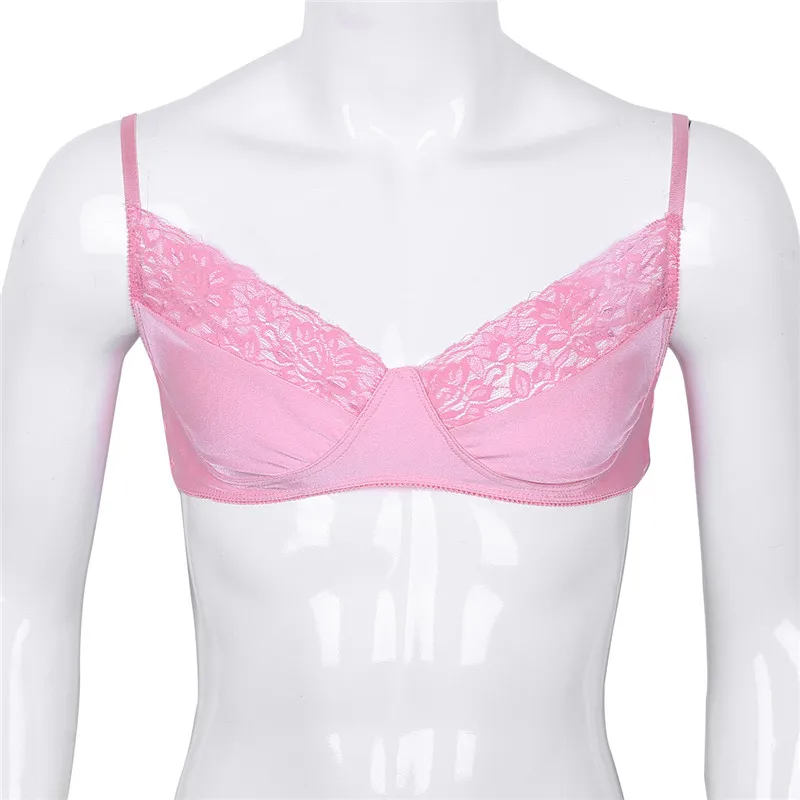 YiZYiF Sexy Men Bra Sissy Pink Gay Underwear Smooth Fabric Lace Wire-free Bra Top Adjustable Shoulder Straps Sissy Gay Male Bra
