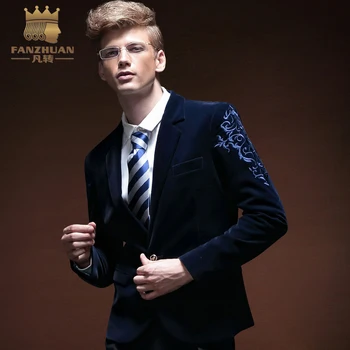 

FANZHUAN High Quality Brands Clothing Mens blazer slim fit suit jacket Blue spring autumn outwear coat Embroidery Suits For Men