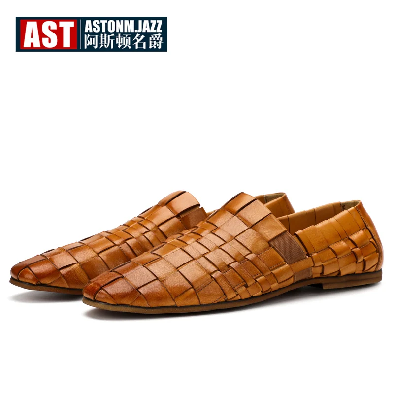 mens leather woven slip on shoes