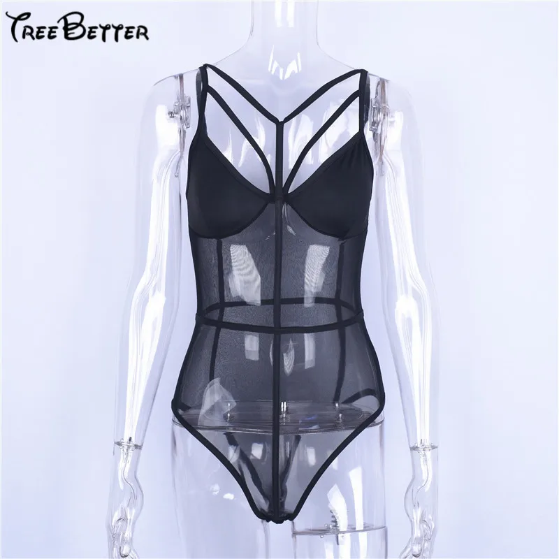 Hollow Out Mesh Spliced Patchwork See Through Skinny Backless Sexy Bodycon Bodysuit Black Women