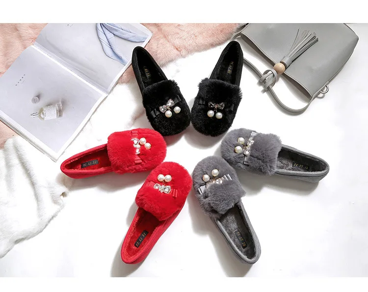 

2019 New Winter Women Sheep Fur Loafers Flat Fashion Suede Leather Slip on Moccasin Keep Warm Bowtie Soft Boat Shoe