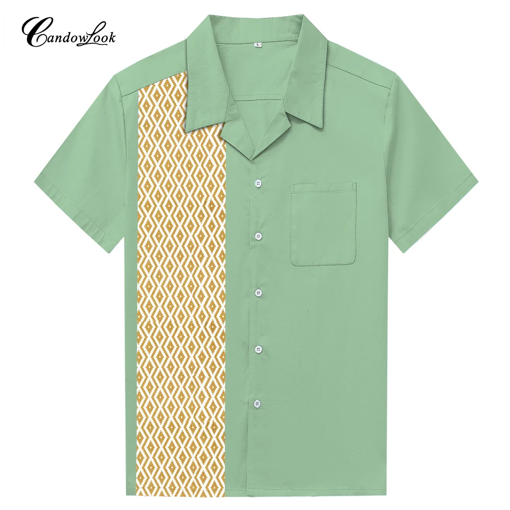 

2018 Summer New Mens Shirts Diamond Printing Mint Green Cotton Short Sleeves Tops Turn-down Collar Cardigan Shirt Men Clothes
