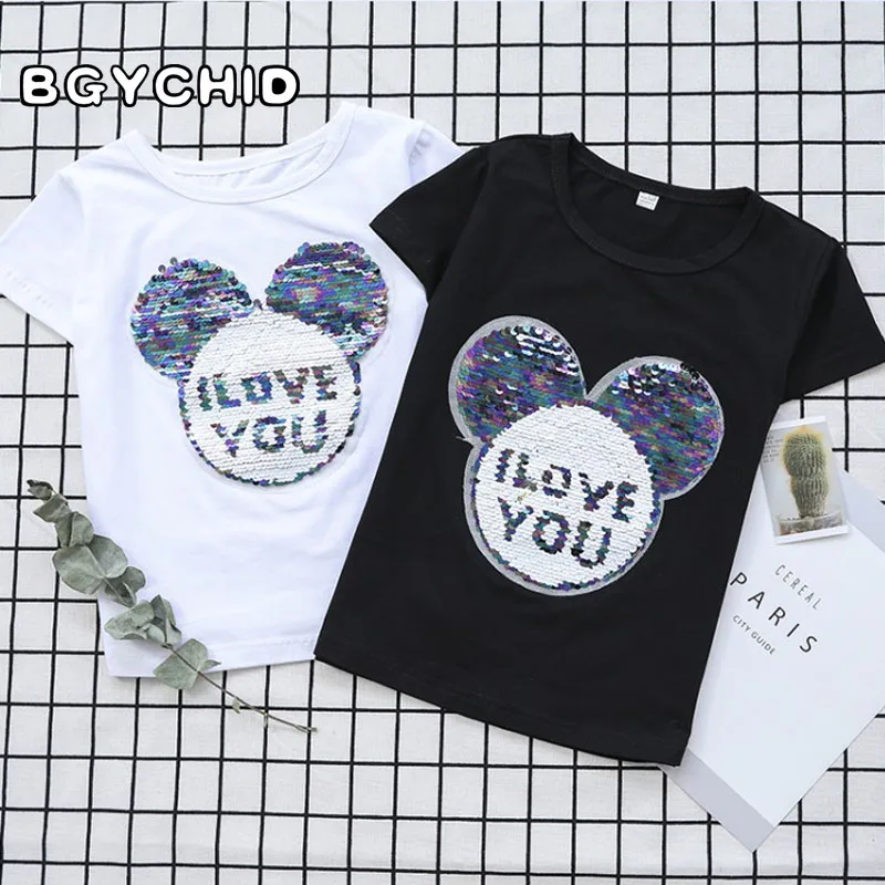 

T-Shirts Cotton Girls Cool Things Cat Changing T Shirt Flip Sequin Shirt Reversible Sequin Kids Girls Tops