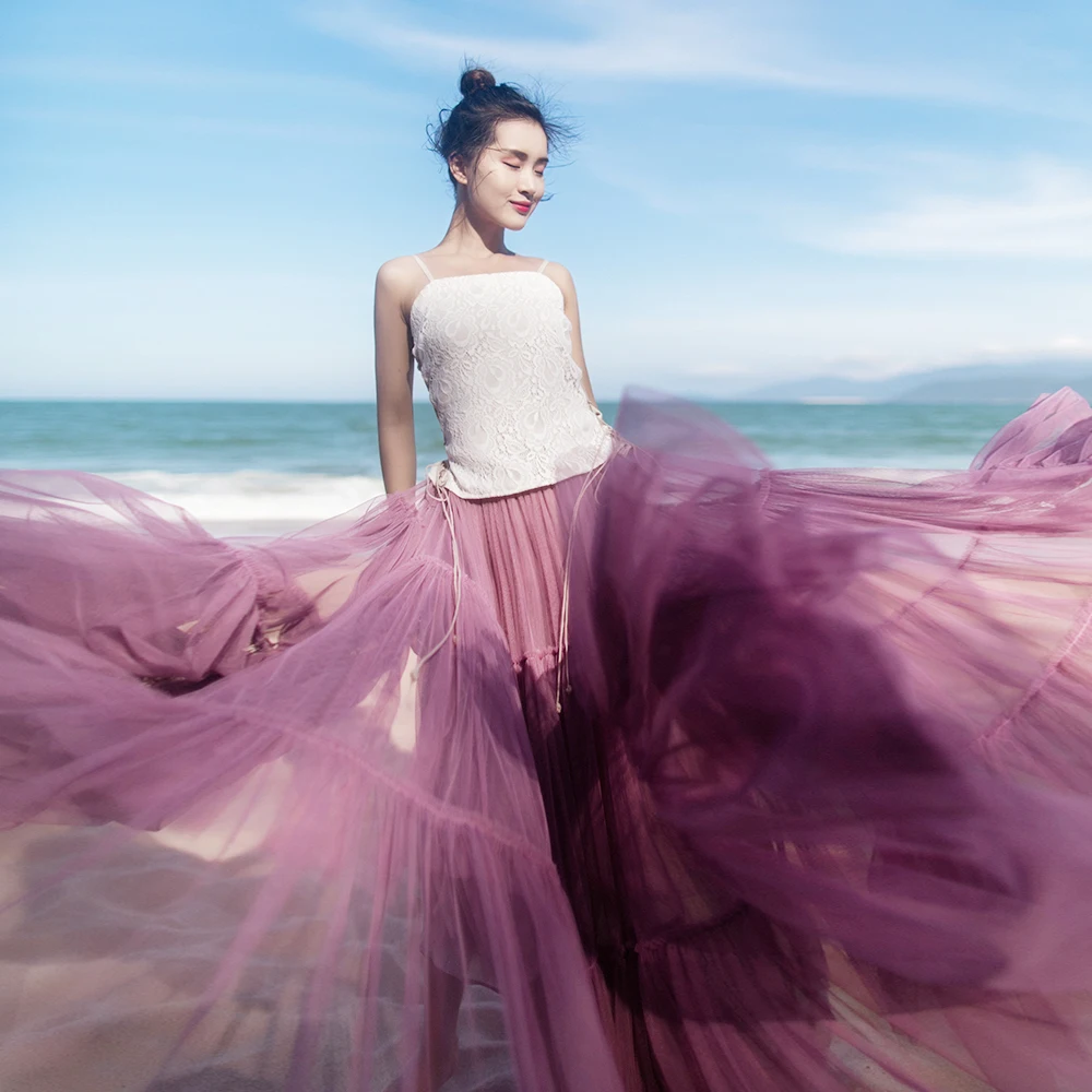 

MM157 New Arrival Summer 2017 vintage casual beach style 27M bottom elastic waist long maxi tulle skirt women