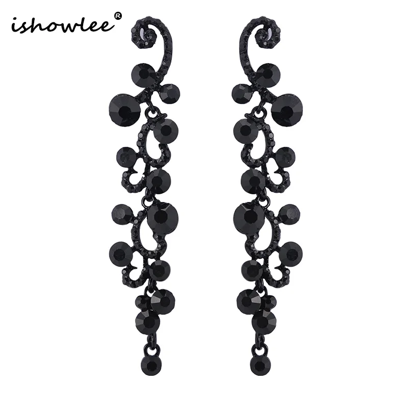 

ISHOWLEE Long Crystal Flower Vine Black Earrings with Stones Large 2019 Fashion Woman Drop Earrings Luxury Brand Jewelry esh37