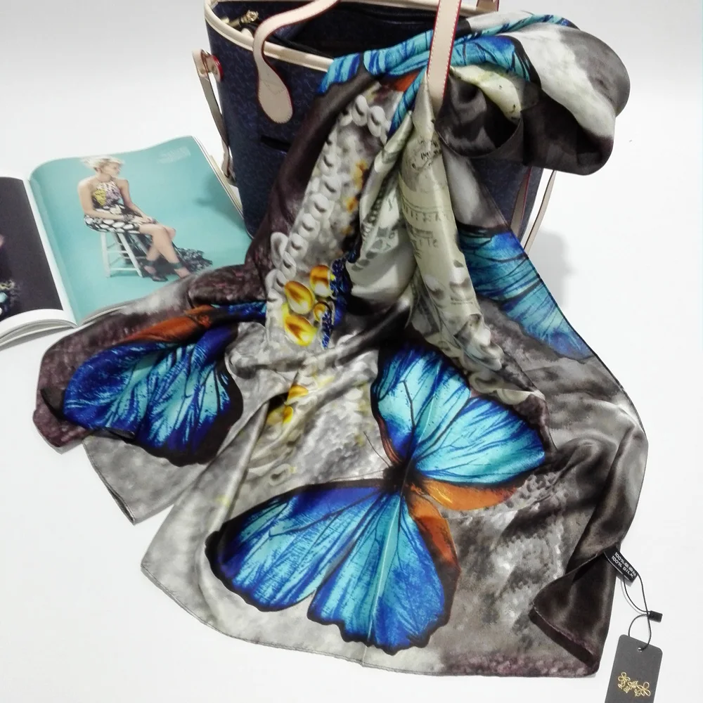 

Visual Axles 2018 Luxury Brand Natural Silk Scarf Women Designer Colorful Butterfly Print Silk Foulard Shawl Pashmina New