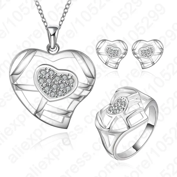 

Summer Sale 100% 925 Sterling Silver Fashion Heart Pendant Necklace +Earring+ Ring Romantic Jewelry Gift Sets For Wedding
