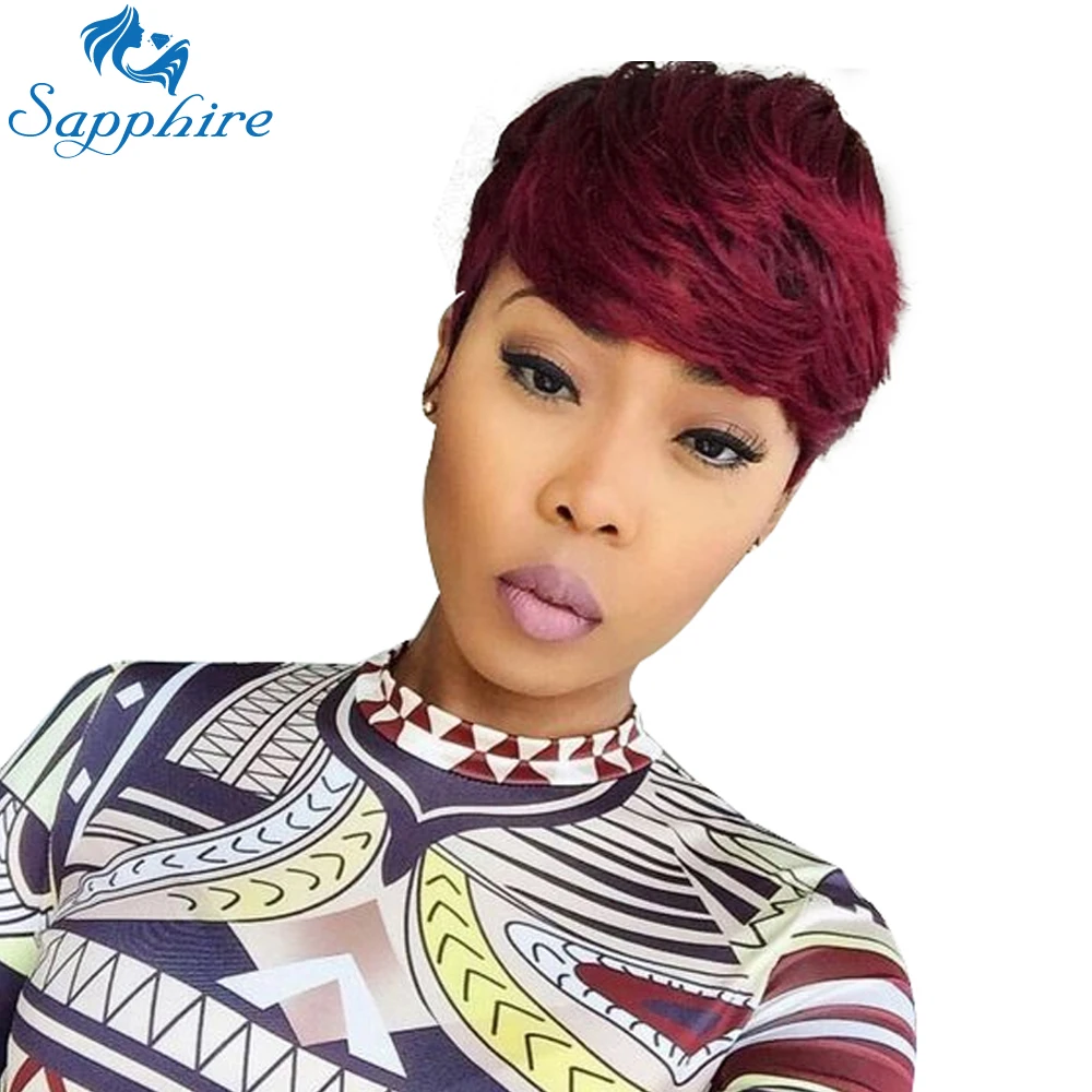 

Sapphire Short Burgundy Wigs for Women Human Hair Machine Made Remy Wig Cosplay Party Wig Red Natural Wavy Human Hair Wigs