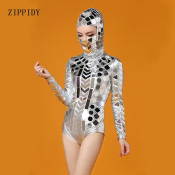 

Silver Head Piece Mirrors Bodysuit Costume Stage Dance Wear Outfit Party Women Singer Dancer DJ Bar Performance Sexy Leotard