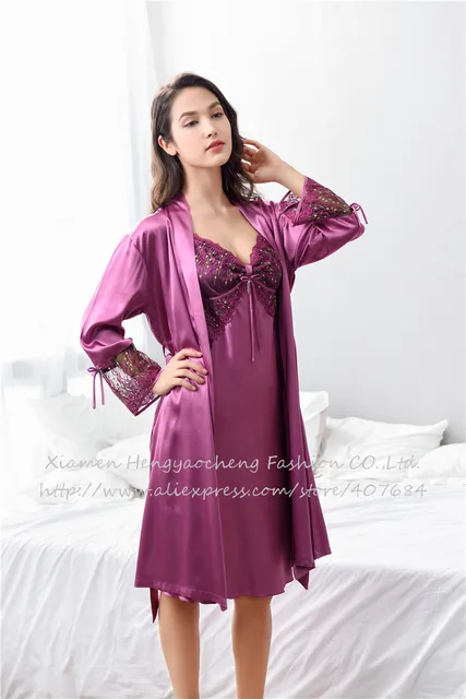 Xifenni Robe Sets Female Sexy Satin Silk Sleepwear Women Lace V