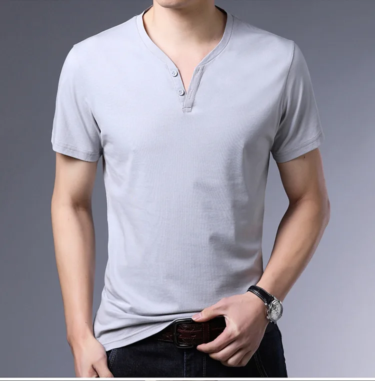 short sleeved men's new t shirt casual Slim solid color V neck clothes ...