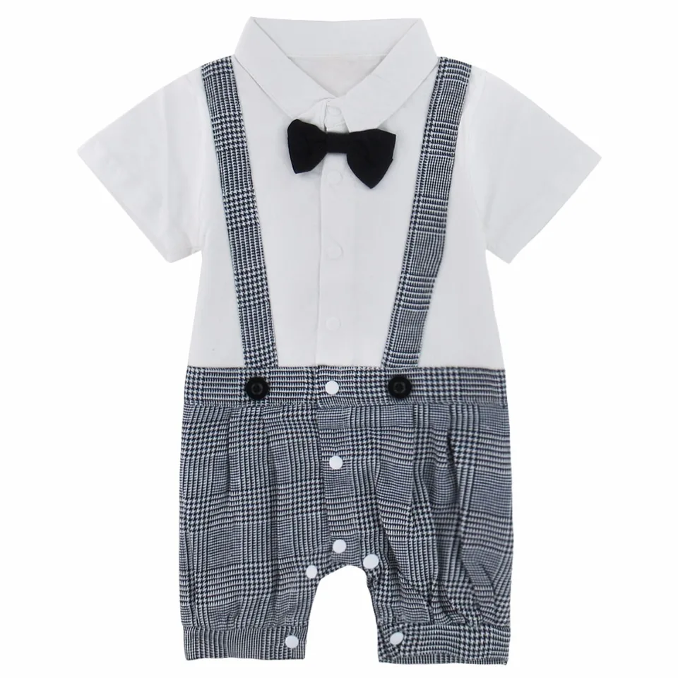 Newborn Baby Boy Gentlemen Rompers Plaid Suspender Pants Outfit Wedding Formal Wear with Bowtie White//Grey for 12-18 Months