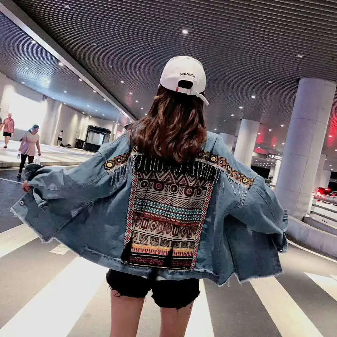 awesome Spring Vintage Denim Female Jacket Tassel Embroidery Coat Female Loose Long sleeve Jacket for women