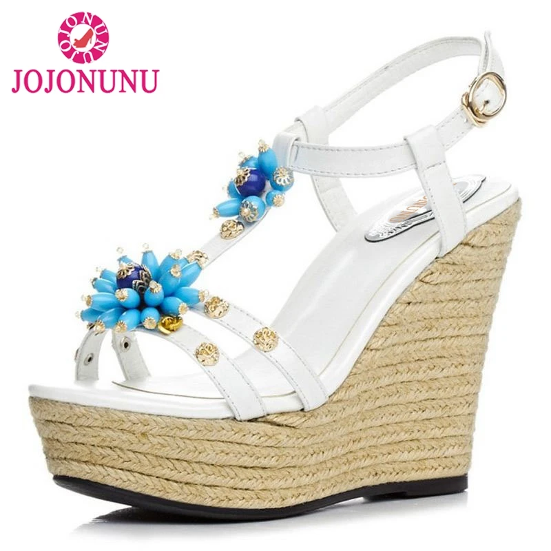 

JOJONUNU Natioan Style Women Real Genuine Leather High Wedges Sandals Flower Platform Trifle Sandals Summer Shoes Size 34-39