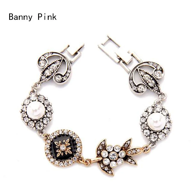 Vintage Rhinestone Metal Charms Bracelet Bangle For Women Chunky Alloy
