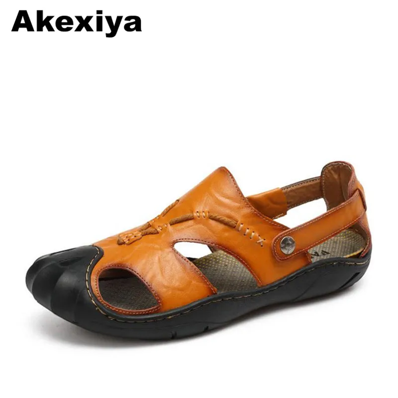Akexiya/2018 г. новый летний Для мужчин сандалии из натуральной Повседневная кожаная