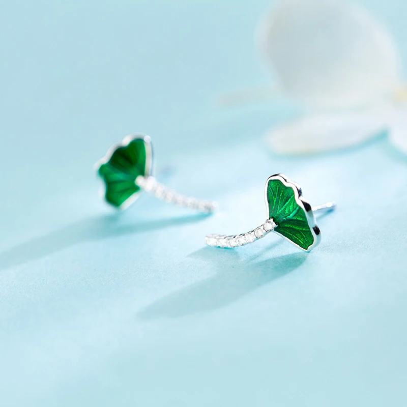 MloveAcc стерлингового серебра 925 зеленый лист, цветок лотоса серьги с прозрачным фианитом для женщин серебряные ювелирные изделия День Святого Валентина G