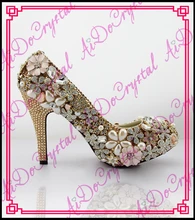 Aidocrystal 2016 Gold kristall blume hochzeit schuhe mit reiner handgemachter runde kappe high heels frauen schuhe