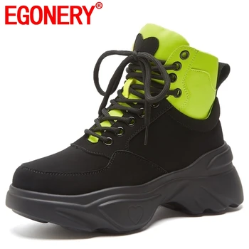 

EGONERY women shoes winter new fashion mixed colors sneakers wedges platform cross-tied black white genuien leather lace-up shoe