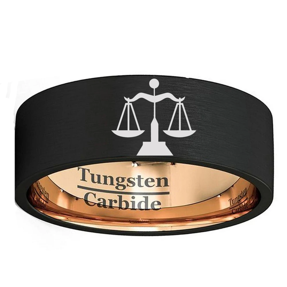 

Mens 8MM Black Tungsten Carbide Ring Matte Wedding Band Rose Gold Color with Constellation Libra Lasered Size 7 to 13