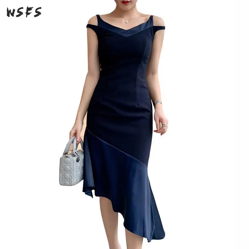 

Summer Asymmetrical Dresses Spaghetti Strap Off Shoulder Blue Womens Dress Elegant Bodycon Ladies Sexy Party Midi Mermaid Dress