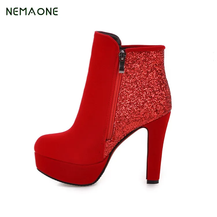

NEMAONE 34-43 Lace up Spring Autumn Winter Shoes Women Shoes Warm Fur Winter Ankle Boots High Heels Platform Women Riding Boot