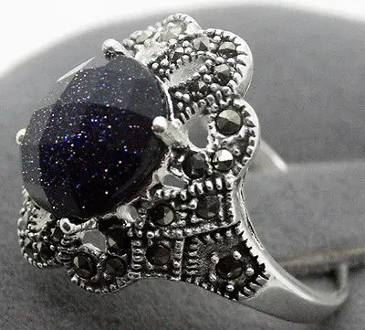 

Hot sell Noble- FREE SHIPPING>>>@@ 17x22MM Blue Sandstone Oval Gem 925 Sterling Silver Marcasite Ring Size 7/8/9/10