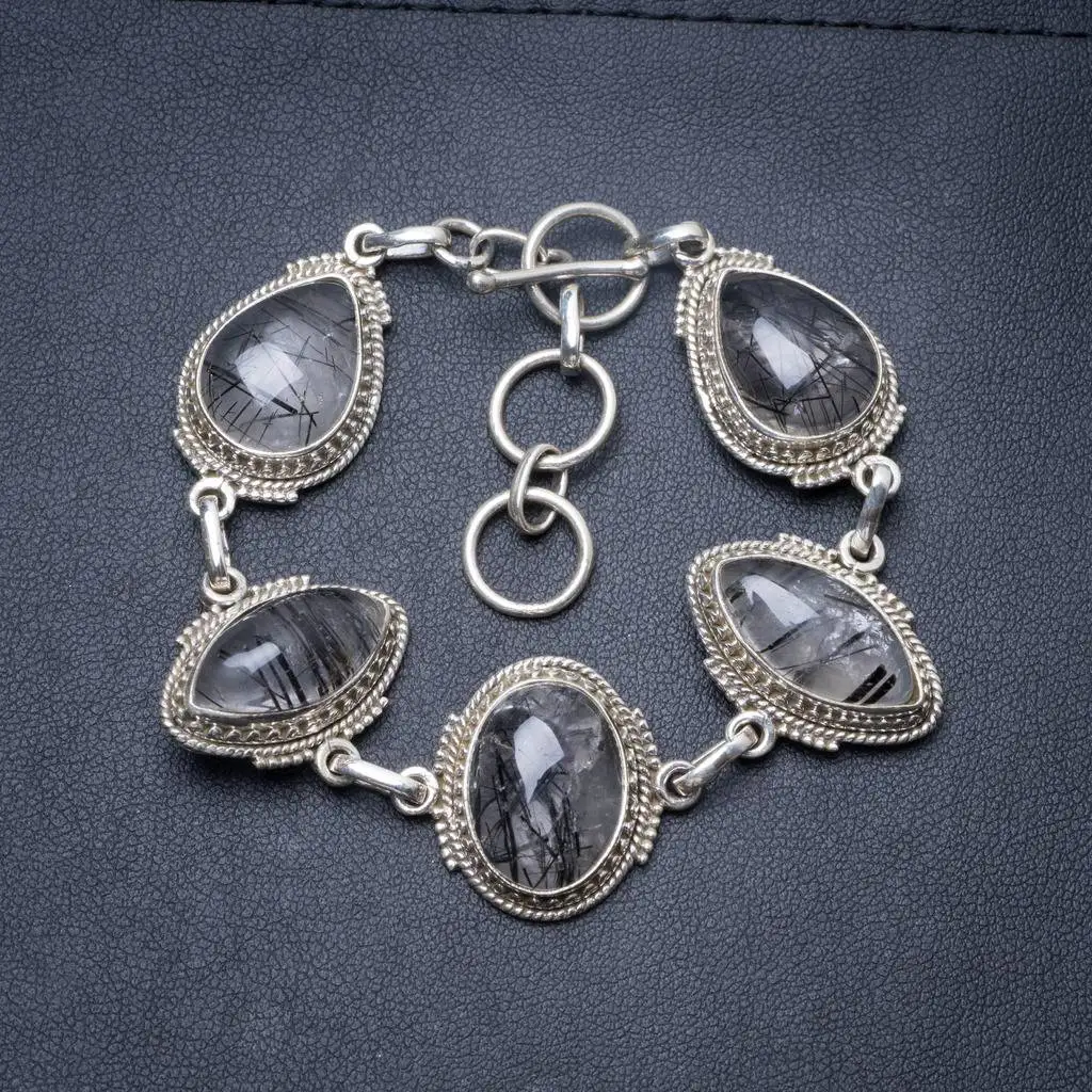 

Natural Tourmalinated Quartz Handmade Unique 925 Sterling Silver Bracelet 6 3/4-7 3/4" Y3447