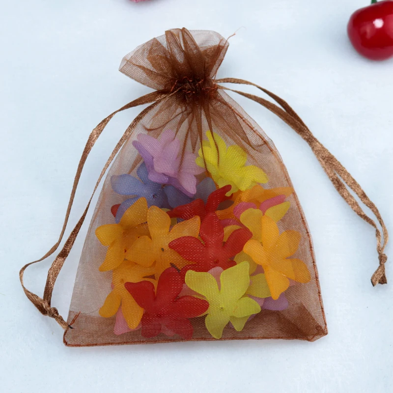 

200pcs/lot Coffee Organza Bag 5x7cm Mini Drawstring Gift Bags Wedding Decoration Earrings Packaging Bag Pouches Free Shipping