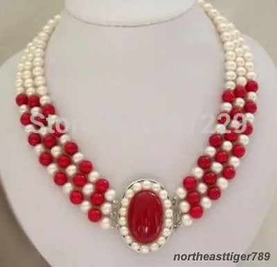 

Wholesale XSZ2014 ^^3 Rows Real White Pearl & Red Coral 18KWGP Clasp Pendant Necklace