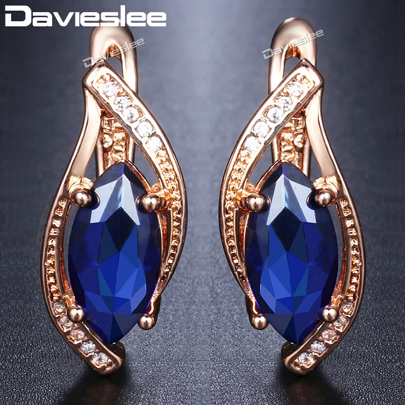 

Davieslee Blue Stone Stud Earrings For Women 585 Rose Gold Filled Leaf Shaped Round Womens Earring Fashion Jewelry Gift DGE136