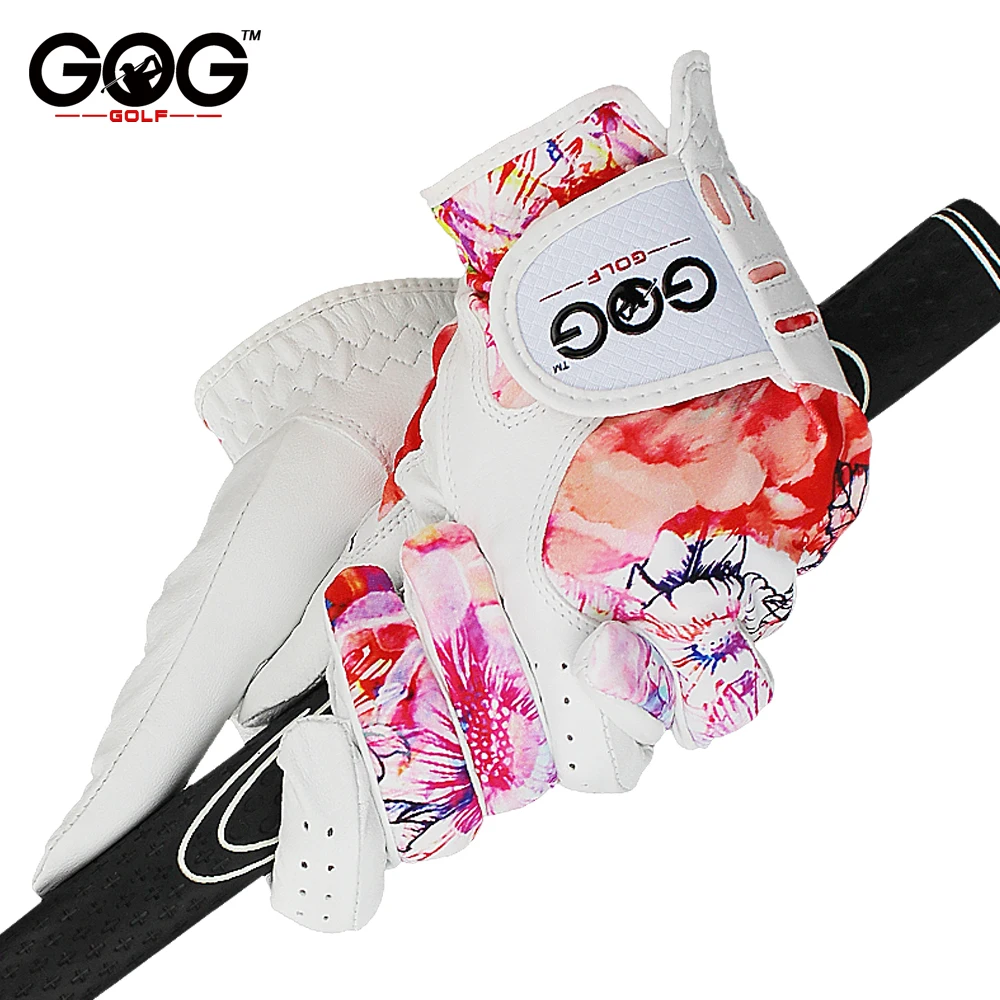 1 Pair GOG Golf Gloves Genuine Leather & Color Pattern Lycra left hand + right hand soft sports new gloves for woman lady girls