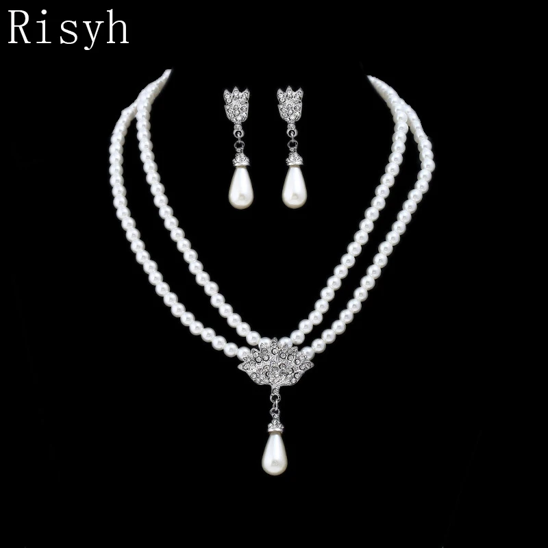 

Risyh Bridal Pearl Crystal Short Clavicle Necklace Set Fashion Bridal Wedding Accessories Necklace