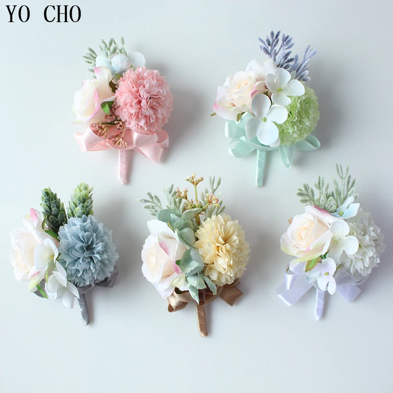 YO CHO Rose Boutonniere Bride Wrist Corsages Artificial Silk Flowers Bridegroom Wedding Meeting Party Unique Personal Adornments