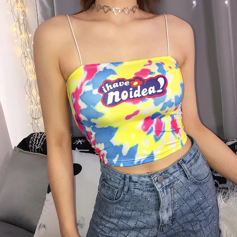 

2019 Tie-dyed Printed Sling One-shoulder Camis Strapless Strap Slash Neck Rainbow Letter Print Multicolor Vest Tops Q