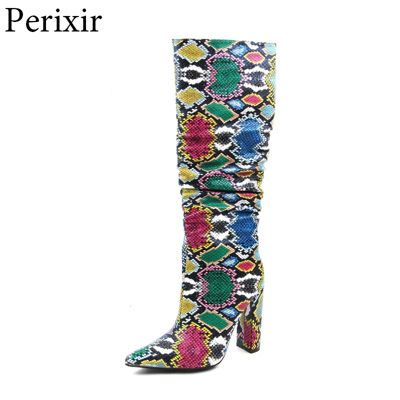 

Colorful Snakeskin Boots Women Square High Heels Thick Boot Pointed Toe Zip Casual Shoes Female Party Knee Boots Ladies Autumn