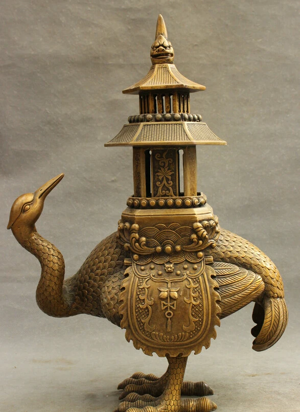 

Fast shipping USPS to USA S1239 18" Buddhism Chinese Bronze Crane Statue Zun Lion Stupa Incense Burner Censer