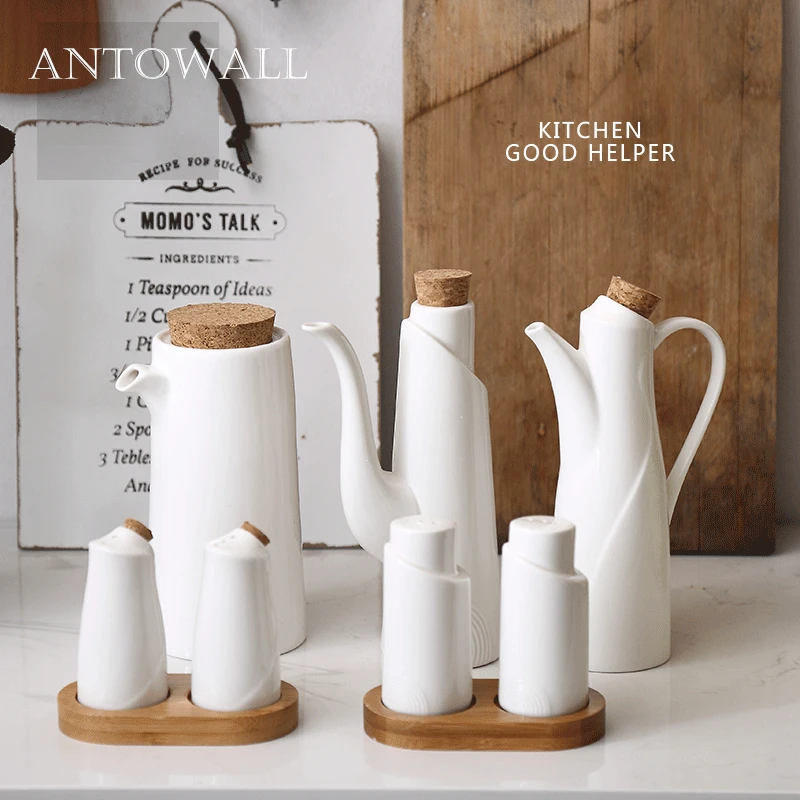 

ANTOWALL Kitchen Tool Ceramic White Gravy Boats Oil Pot Vinegar Soy Sauce Bottle Pepper Seasoning Bottle Seasoning Jar wood lid