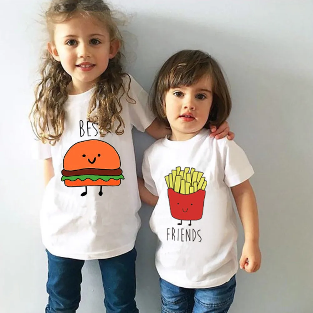 

Infant Kids Children Boys and Girls Best Friend Short Sleeve Letter Burger Bag Fries Pattern Top Friends Pack Cocuk Giyim