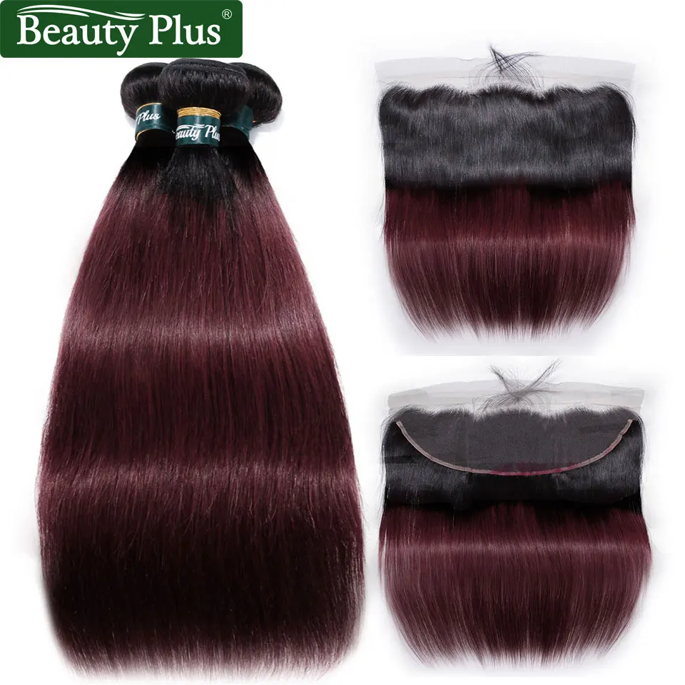 

Ombre Burgundy Brazilian Human Hair Weave Bundles With Lace Frontals Beauty Plus Nonremy 1B 99J Straight Human Hair With Frontal
