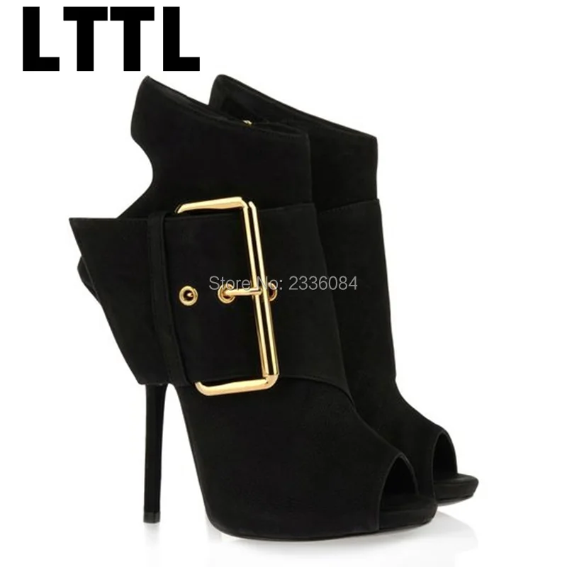 

Sexy Women Party Fish toe Wide Belt Plated Buckle Ankle Boots Women Thin High Heels Faux Suede Leather Zipper Short Dress Boots