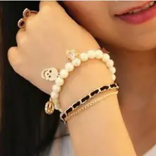 Корейская мода ретро, мульти имитация жемчуга браслет леди личности череп кулон