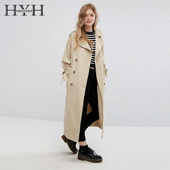 

HYH Haoyihui Fashion Autumn Simple And Casual Conventional Lapel Double-breasted Solid Color Tie Loose Long Elegant Lady Coat