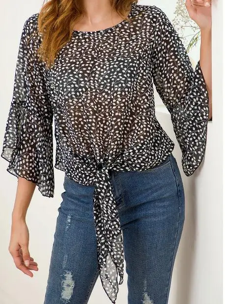 round neck Chiffon Blouse Long Sleeve Women Blouse Korean Elegant Lady Shirt Printed Strapless Lotus Leaf Chiffon Shirt For Wome