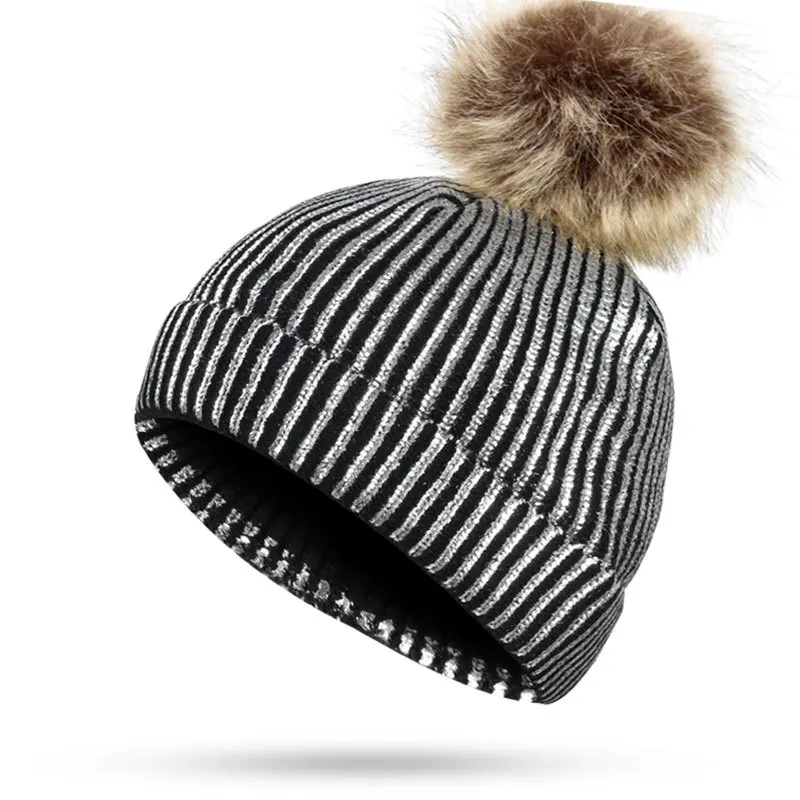 

wholesale 10pcs/lot Fashion New Golden Line Winter Hats for Women Knitted Cap Warm Bonnet Femme Pompom