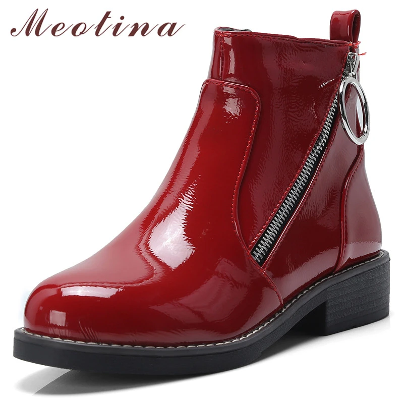 Meotina Botas Tobilleras Cortas de Suela Gruesa para Mujer, Botines de Charol Cremallera, Color Rojo, Tallas 33 43, Otoño e Invierno| Botas hasta el tobillo| AliExpress