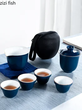 

Simple travel Tea set Portable 4 people Kung Fu Tea Set ceramics glass filter teapot Household porcelain tea set