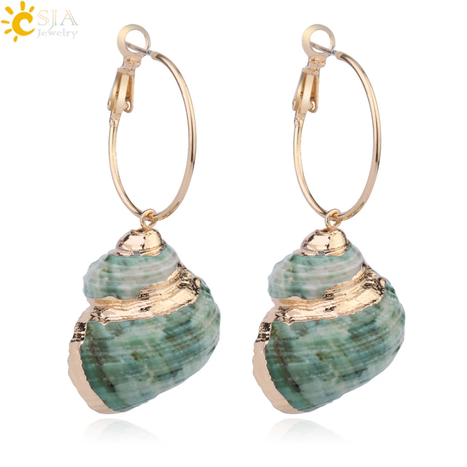 

CSJA Natural Spiral Shell Charms Earrings with Pendant Green Snail Gold Color Hook Drop Earrings Fashion Jewelry for Women G003