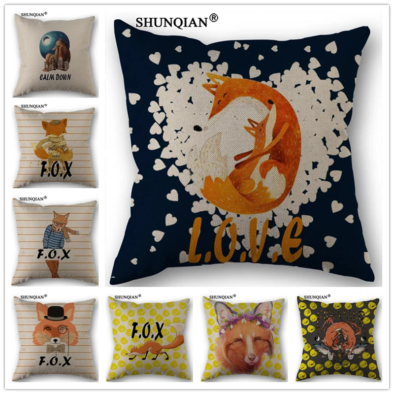 C415113 Custom Pillowcase fox art Cotton Linen One Side Pillow Cases